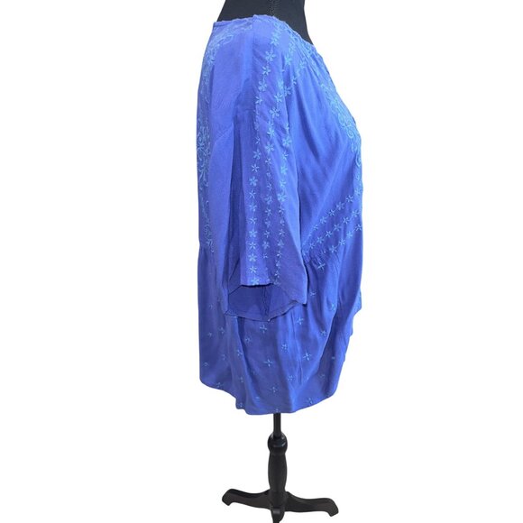 Tru Luxe Cobalt Blue Embroidered Boho Cottage Core Casual Tunic S/S Blouse Top S - Picture 4 of 10